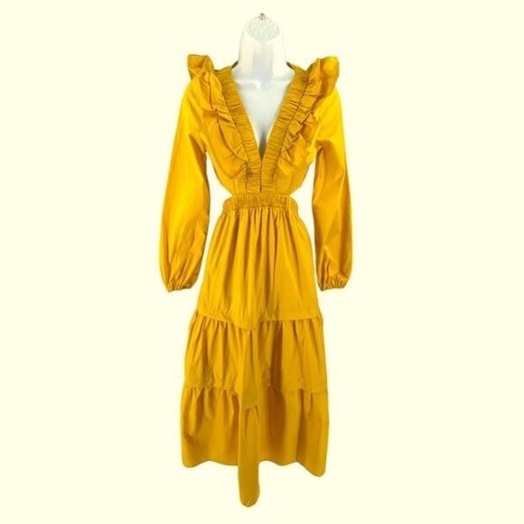 NEW Petal & Pup Mariga Long Sleeve Frill Shoulder Midi Dress in Marigold Size M